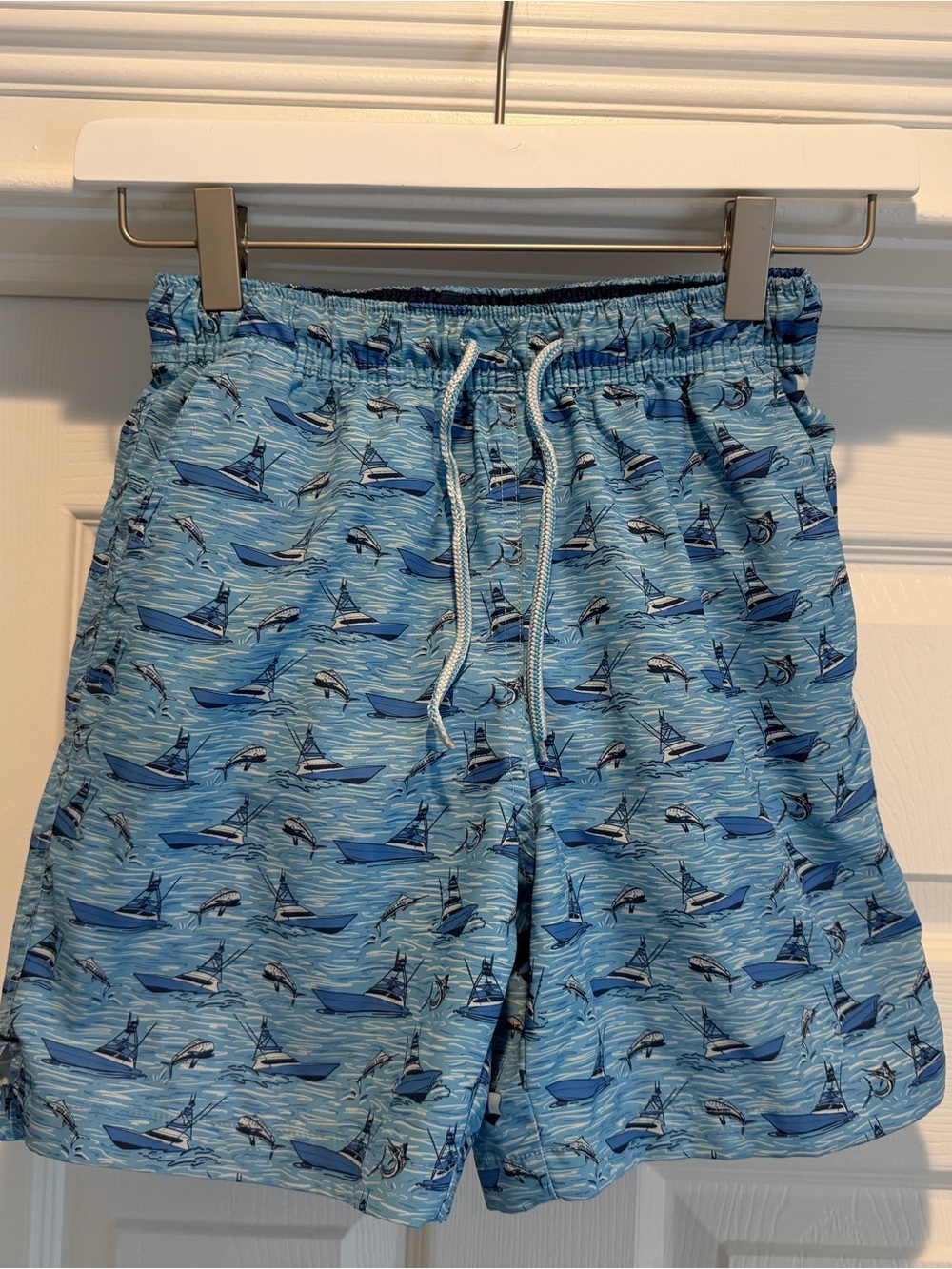 Peter Millar Light Blue Boat Print Kids Swim Trunks